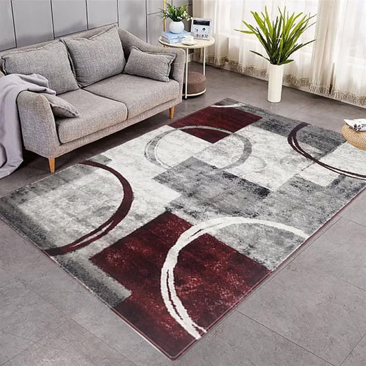 Wine Red Gray Geometric Round Rug